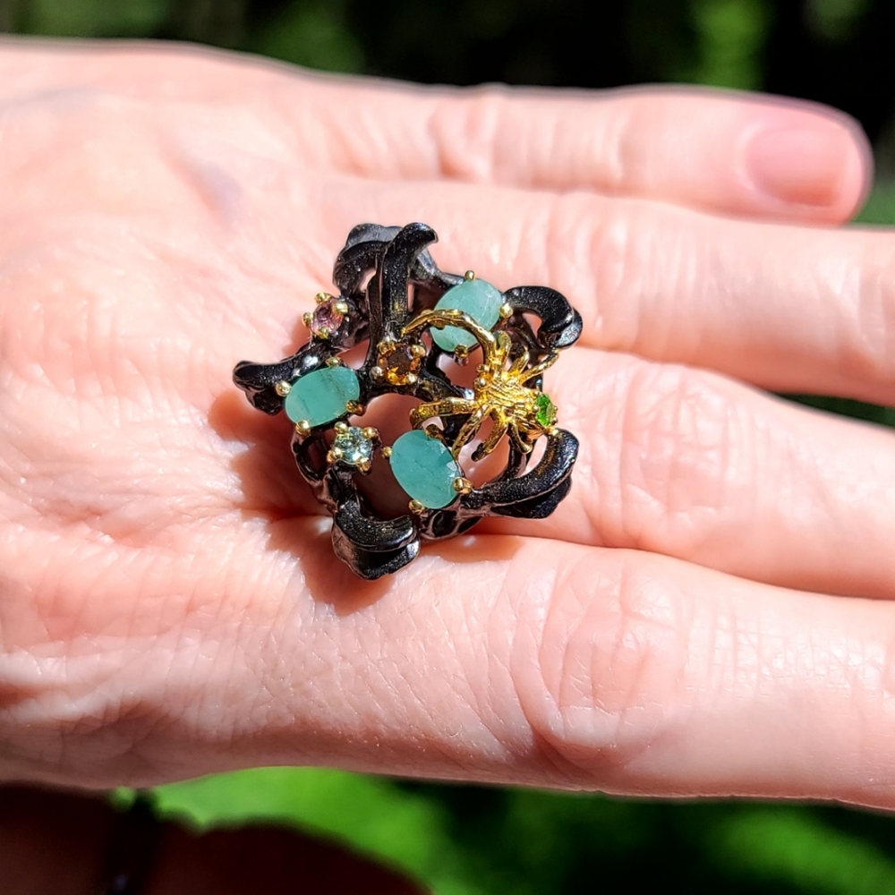 Emerald Peridot Tourmaline citrine aquamarine spider sterling silver ring sz9 - Picture 13 of 15